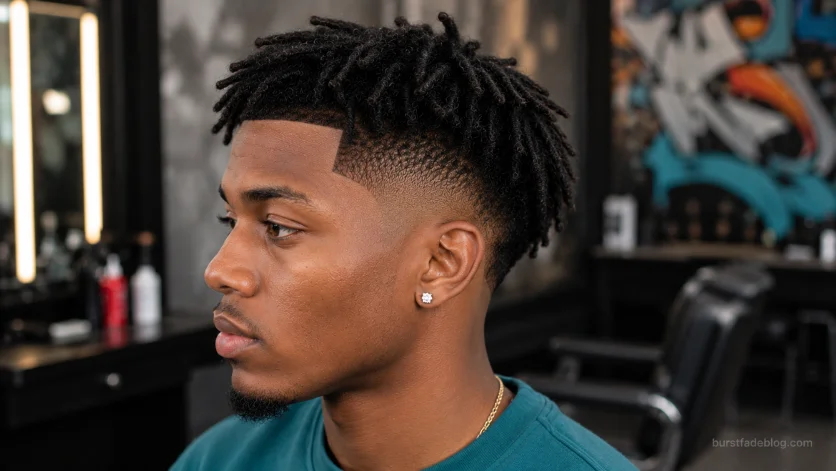 Short dreads with burst fade for Black men featuring a crisp hairline and clean fade.