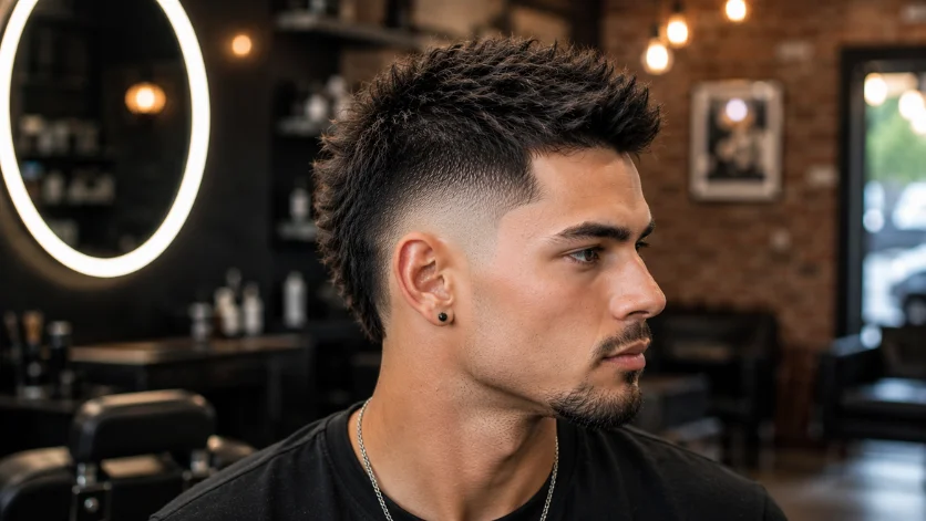 **Alt Text:**
Short Faux Hawk Burst Fade haircut with a textured top, clean burst fade around the ears, and modern low-maintenance styling in a premium urban barber shop.
