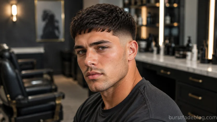 Short Fringe with Burst Fade haircut featuring a cropped fringe and clean burst fade.