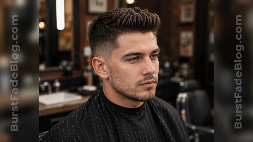 Short Quiff Haircut for men with clean faded sides and a neatly textured top, styled for a modern professional look in a luxury barber shop setting.