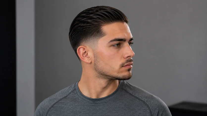  Short Slick Back Burst Fade haircut with neatly combed-back short hair, clean burst fade around the ears, and modern men's grooming style.
