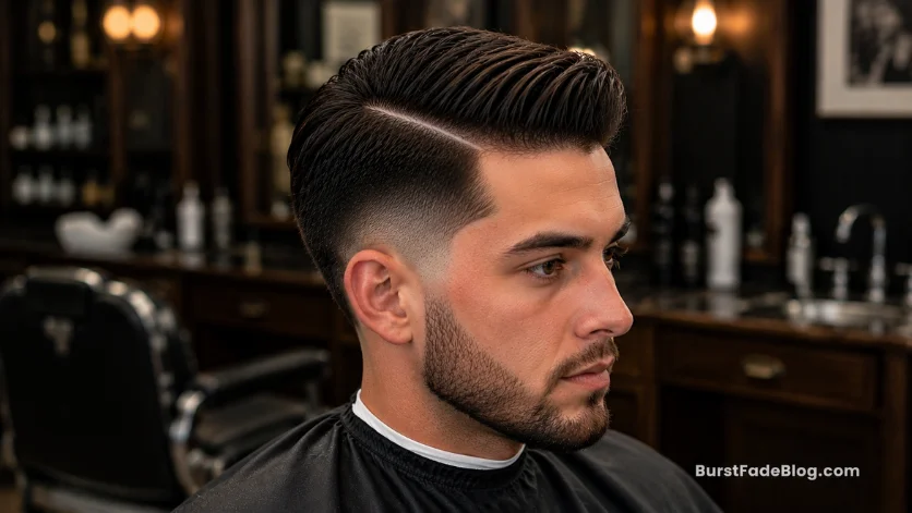 "Side Part Burst Fade Comb Over haircut with defined part and clean fade"