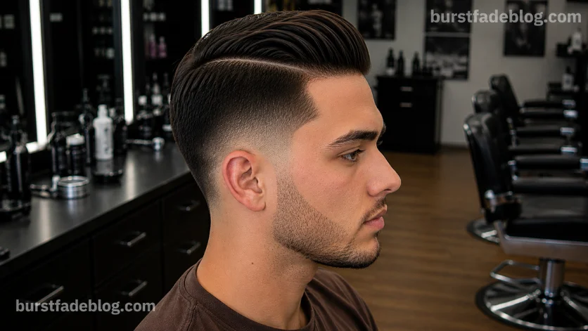 Side Part Burst Fade Taper haircut with a crisp side part, polished styling, and clean burst fade taper,