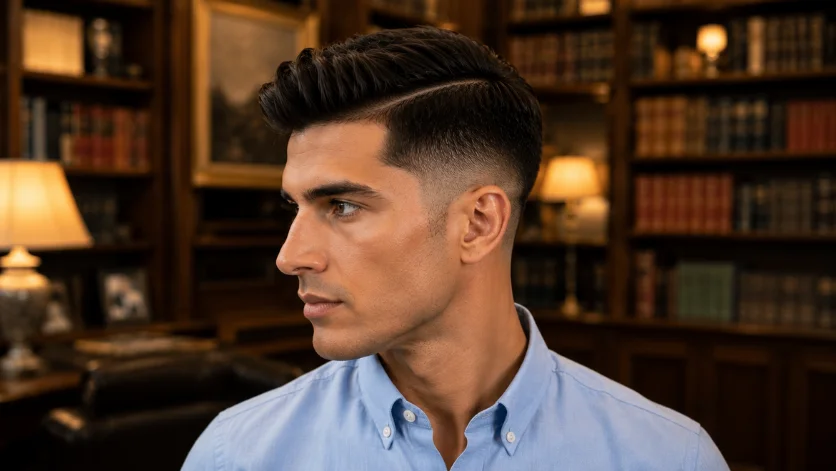  Side part burst fade undercut with classic combed style
