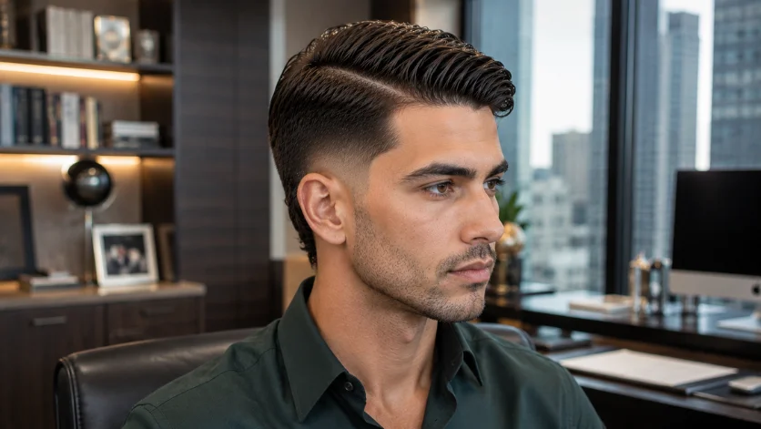 Side part comb over burst fade haircut on sophisticated man in dark green dress shirt, sleek men's hairstyle in executive office setting.
