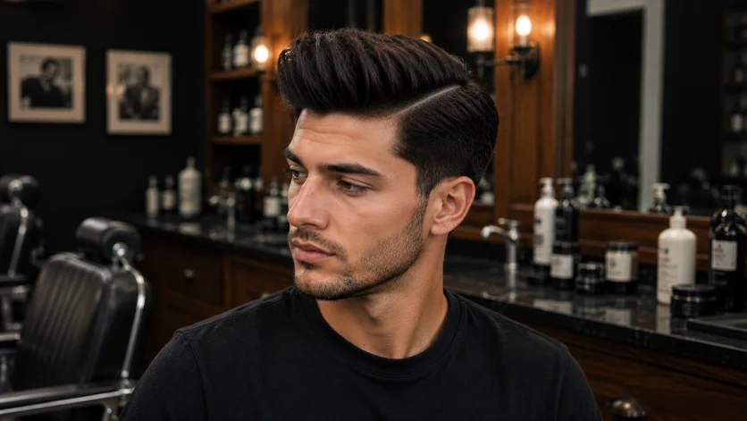 Side part quiff haircut for men with a defined side part, voluminous top, and classic sophisticated styling in a luxury barbershop.