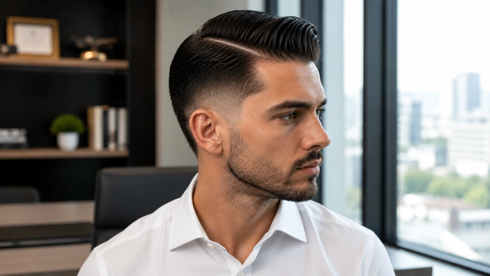  Side Part Slick Back Burst Fade haircut featuring a sharp side part, sleek slicked-back top, and clean burst fade around the ears in a professional office setting.
