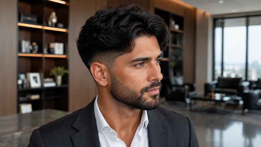 Side-part wavy burst fade for professional men.