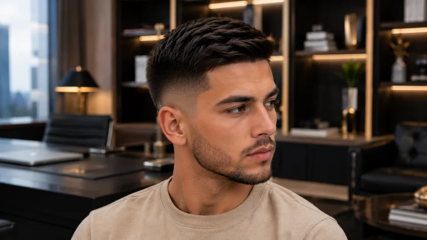 Side-swept burst fade crew cut with a neatly styled top and sharp fade.