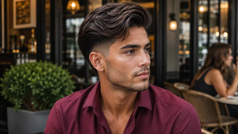 Side-swept burst fade side part haircut on a handsome man in a wine-red shirt at a luxury café.
