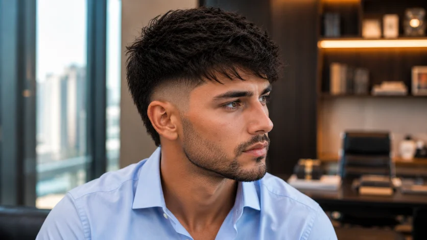 Side-Swept Burst Fade Textured Crop hairstyle for men with side-swept fringe and burst fade
