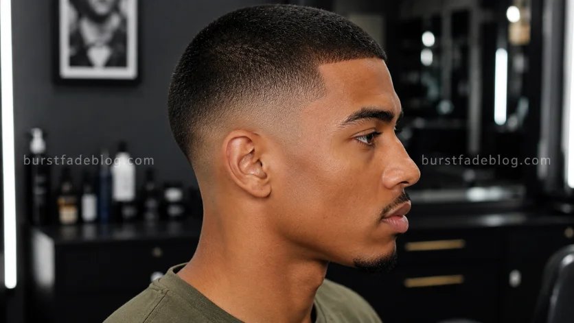  Skin Burst Fade Buzz Cut with skin-tight fade around the ears, sharp buzzed top,