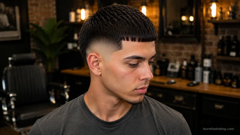 Skin Burst Fade Caesar haircut with clean crop and skin fade.