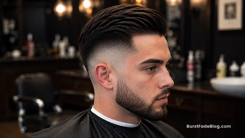 "Skin Burst Fade Comb Over haircut with clean top and skin fade"