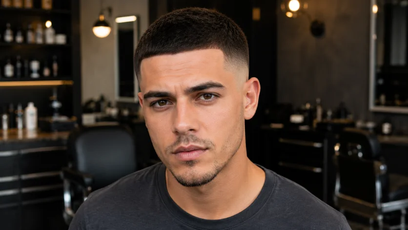 Skin burst fade crew cut haircut with a sharp clean top and skin-tight fade, front-facing portrait in a premium modern barber salon.