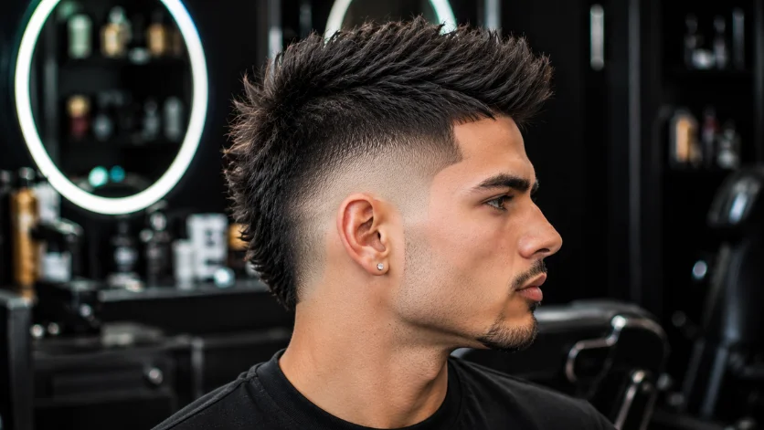 **Alt Text:**
Skin Burst Fade Faux Hawk haircut with skin-tight fade, sharp textured top, and modern styling in a premium black barber shop.
