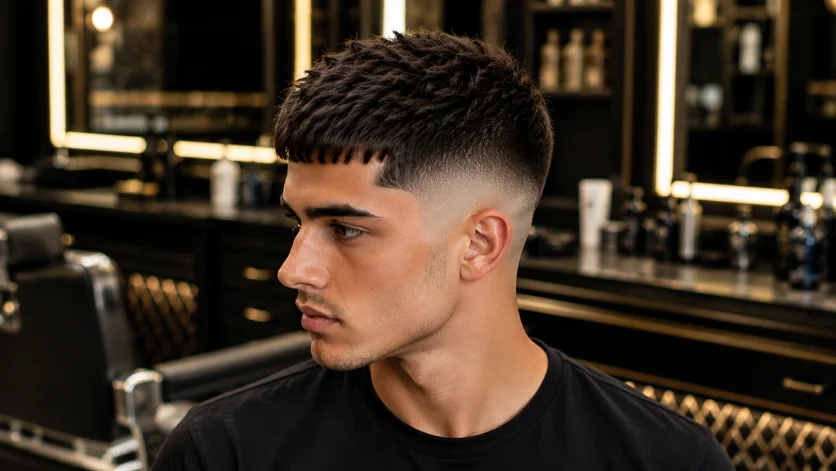 Skin Burst Fade French Crop haircut with textured crop top 