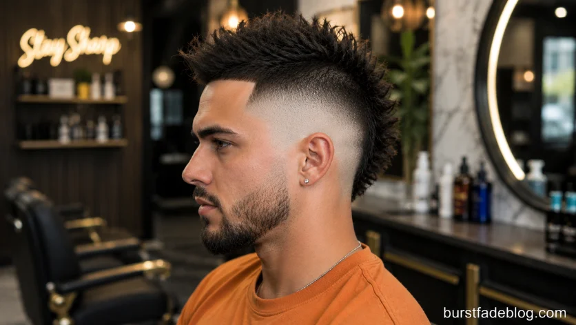 Skin Burst Fade Mohawk haircut for men featuring a skin-tight burst fade, textured mohawk top,