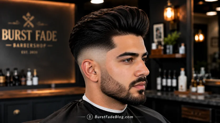 "Skin Burst Fade Pompadour haircut with bald fade and thick pompadour in a luxury barber studio."