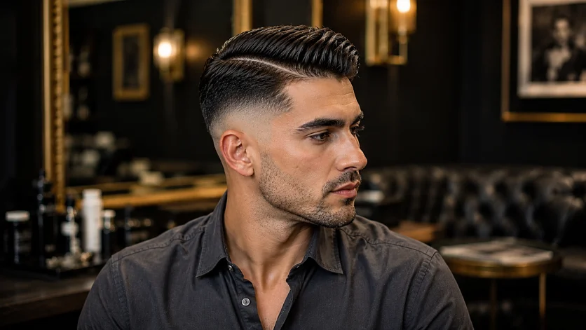 Skin burst fade side part haircut for men with sharp side part and skin-tight fade in a luxury barber lounge.