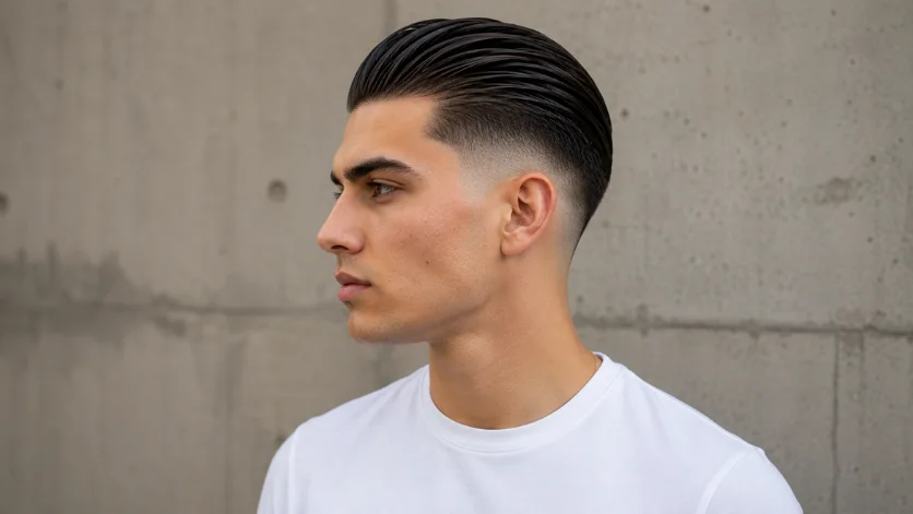 Skin burst fade slick back haircut with polished slicked-back hair, clean skin fade around the ears, and modern men's hairstyle.