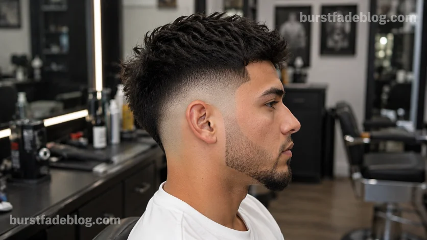 Skin Burst Fade Taper haircut with a bald burst fade around the ear and textured top, 
