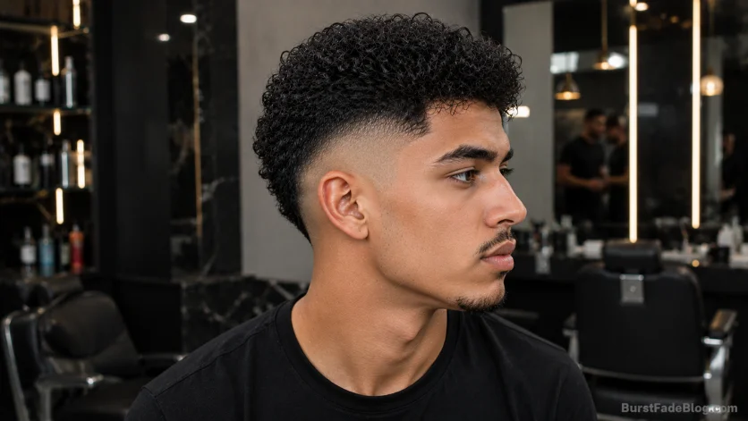 Skin burst fade haircut with a skin-tight fade around the ears, textured top, and sharp contrast in a modern luxury barbershop setting.