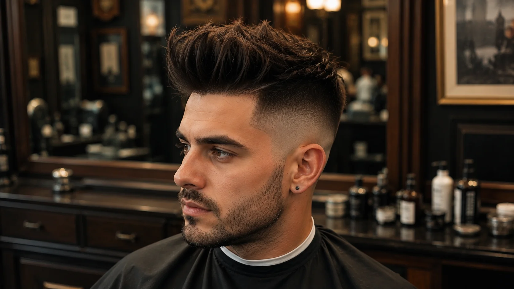 Skin fade quiff haircut for men with a sharp skin-tight fade, thick textured top, and premium barber detailing in a luxury barbershop.