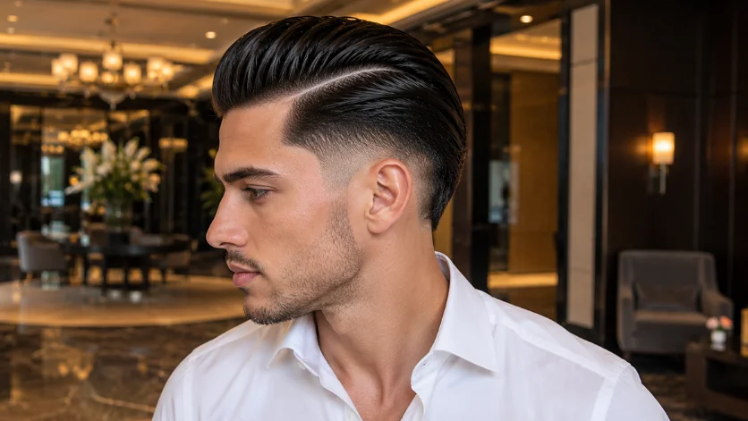 Slick Back Burst Fade Hard Part haircut with glossy slicked-back hair and clean fade.