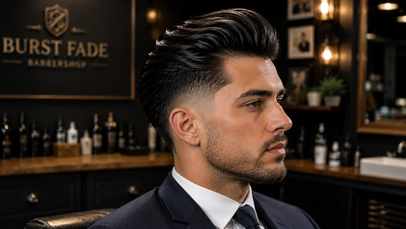 "Slick Back Burst Fade Pompadour haircut with glossy finish and clean fade in a luxury barber studio."
