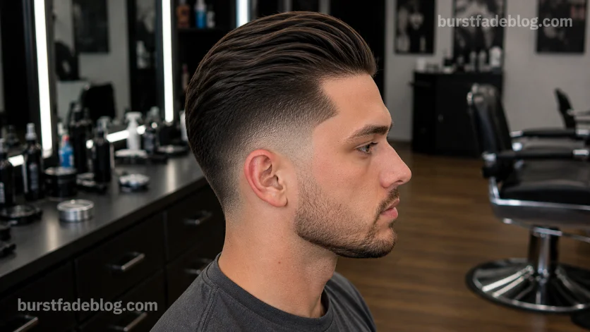 Slick Back Burst Fade Taper haircut with smooth slicked-back hair,