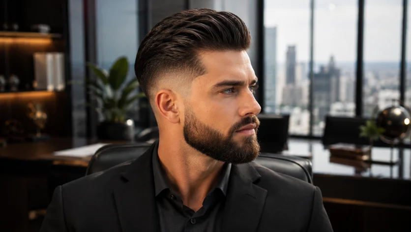 Slick back burst fade undercut with polished styling
