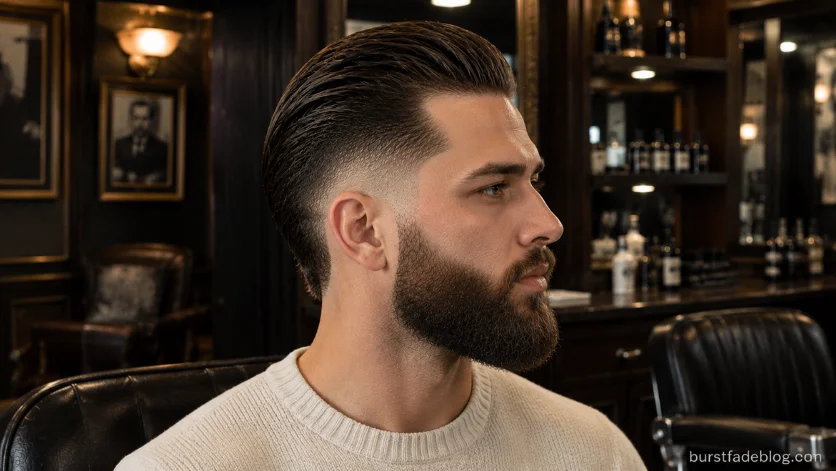 Slick Back Burst Fade with Beard featuring slicked-back hair, a clean burst fade, and a thick beard in a luxury barber club.