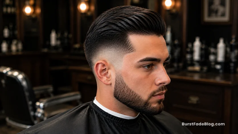 "Slick Comb Over Burst Fade haircut with glossy top and sharp fade"