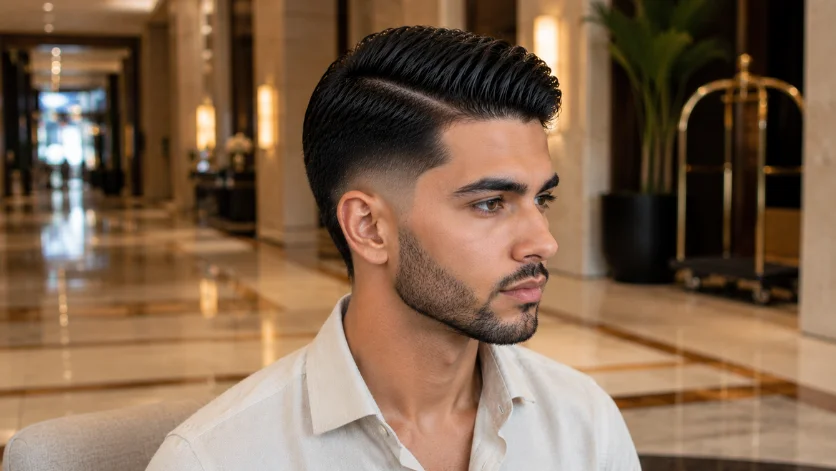 Slick side part burst fade haircut on fashionable man in cream shirt, sleek men's hairstyle in an upscale hotel lobby.