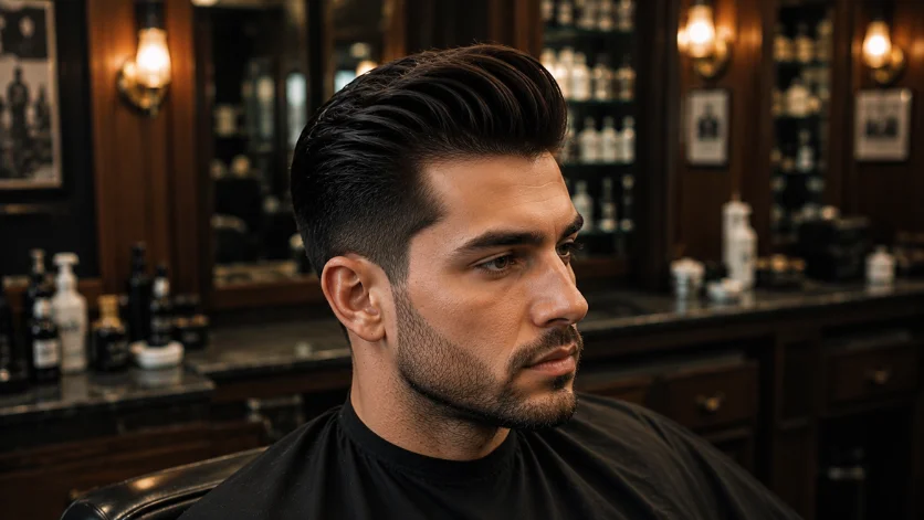**SEO Optimized Alt Text:**
Slicked back quiff haircut for men with glossy finish, combed-back volume, and a refined modern look in a luxury barbershop.