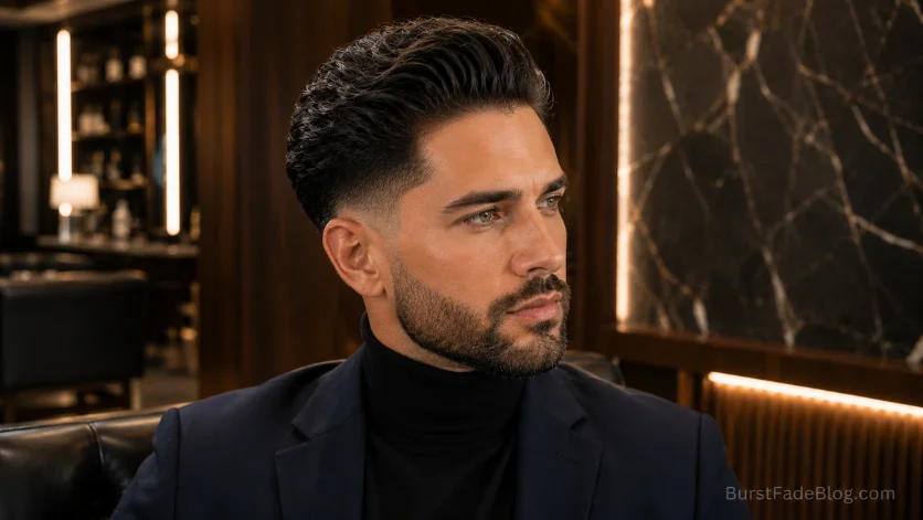 Slicked-back wavy burst fade with polished finish.
