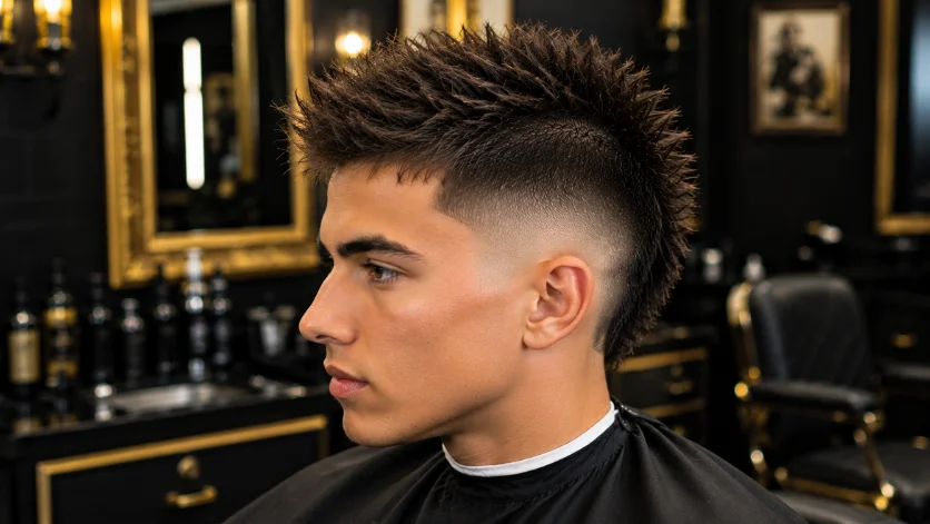 Spiky Burst Fade Faux Hawk haircut with sharp spikes, high texture, and clean burst fade detailing.