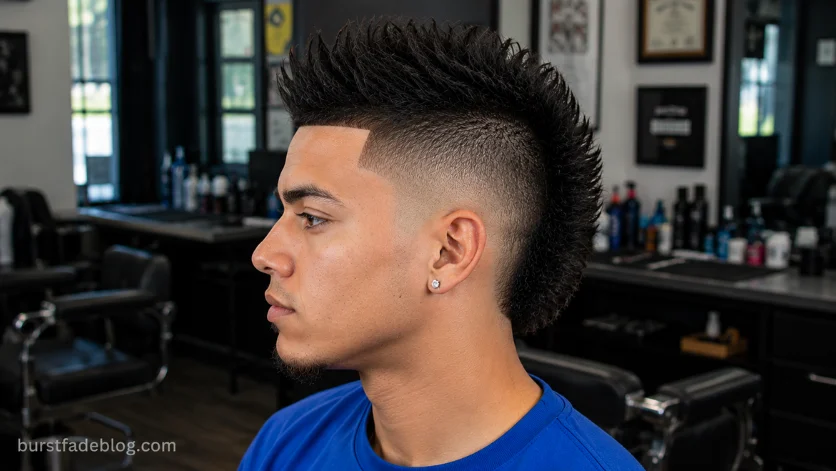 Spiky Burst Fade Mohawk haircut with sharp textured spikes, 