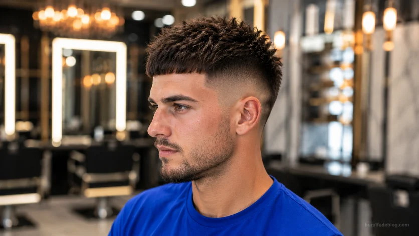 Young man with a Spiky Caesar Burst Fade haircut featuring a textured spiky top and clean burst fade in a luxury salon setting.