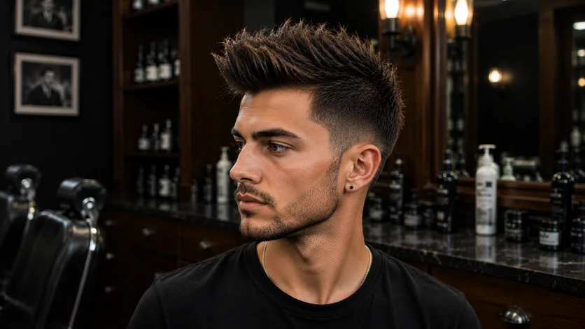 Spiky quiff haircut for men with textured spikes, strong hold styling, and an edgy modern look in a luxury barbershop.