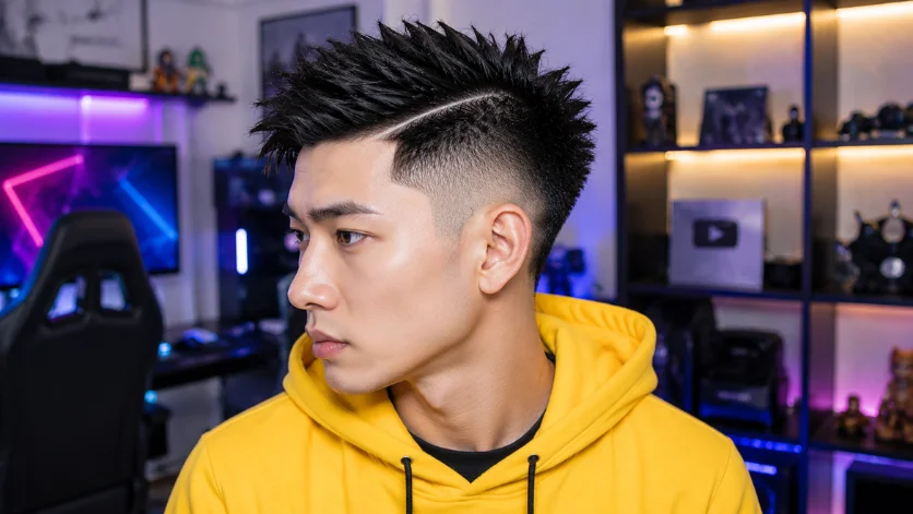 Spiky Top Burst Fade Hard Part haircut with textured spikes and clean burst fade.
