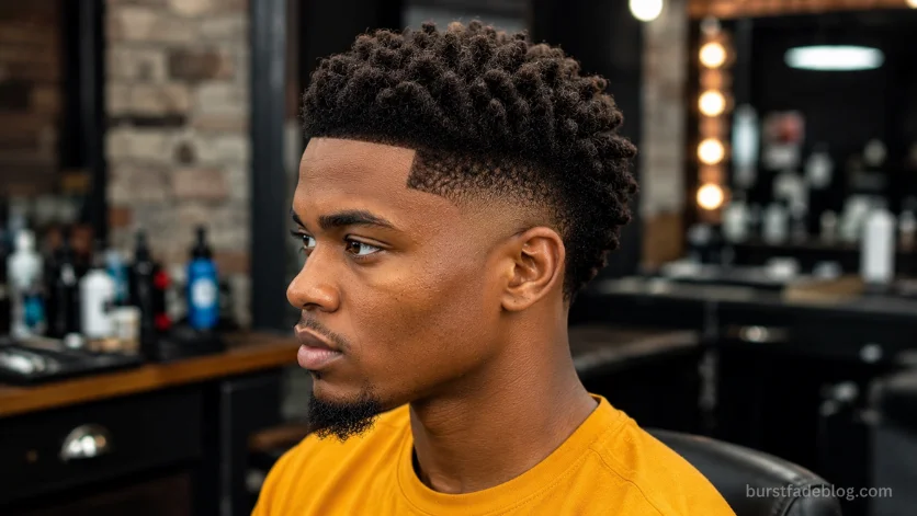 Sponge twist burst fade haircut for Black men with defined twists, sharp edges, and clean rounded fade.