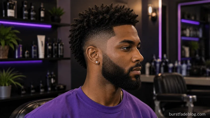 Sponge Twist Burst Fade with Beard featuring defined twists, a clean burst fade, and a connected beard in a modern barbershop.