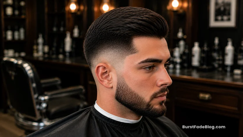 "Straight Hair Burst Fade Comb Over haircut with sleek top and clean fade"
