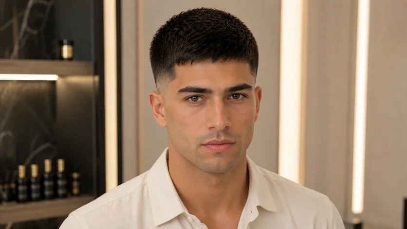 Straight Hair Burst Fade Crew Cut haircut with sharp fade, textured top, and clean modern styling in a luxury barber shop setting.