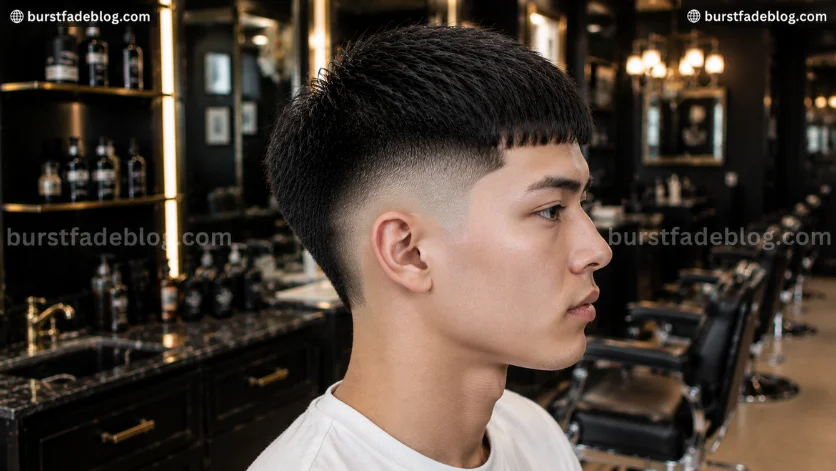 Straight Hair Burst Fade Edgar haircut with precise fringe and clean burst fade, right-side profile