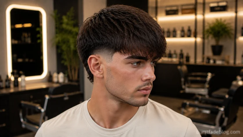 Straight Hair Burst Fade Fringe haircut with sleek fringe and clean burst fade.
