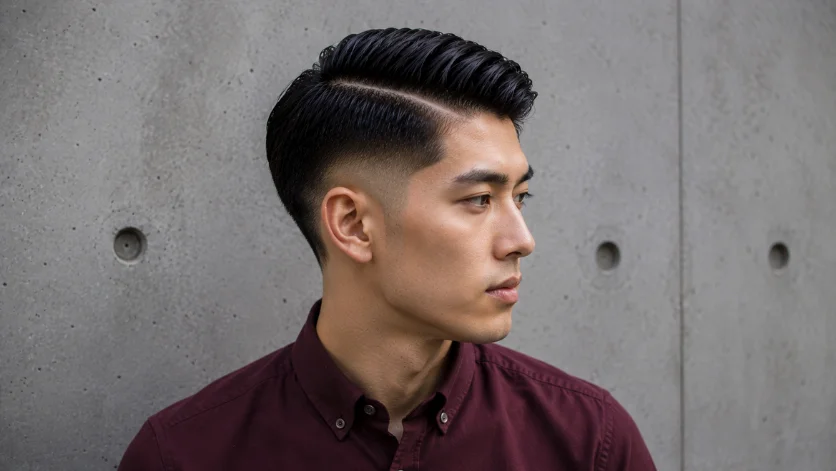 Straight Hair Burst Fade Hard Part haircut with sleek straight hair, defined hard part line, smooth burst fade, and minimalist concrete wall background.