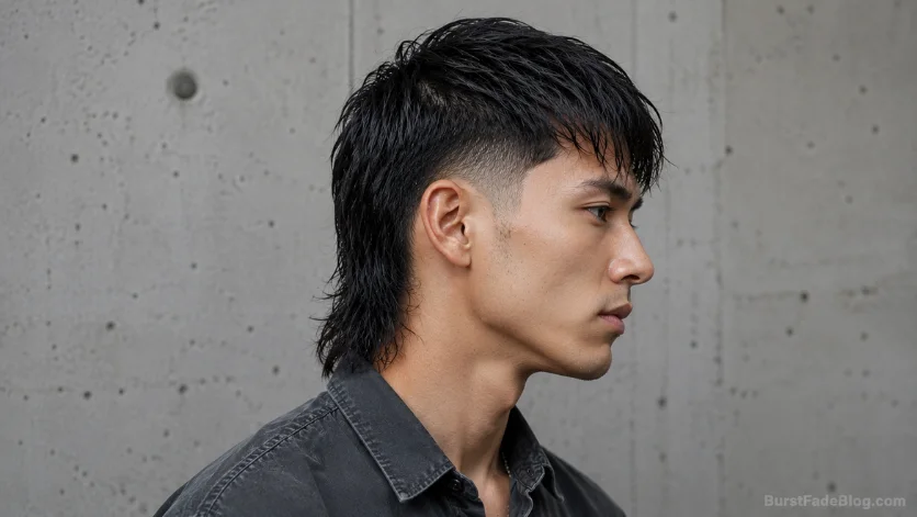Straight hair burst fade mullet haircut with sleek textured top, sharp burst fade, and structured mullet shape against a minimalist concrete wall background.
